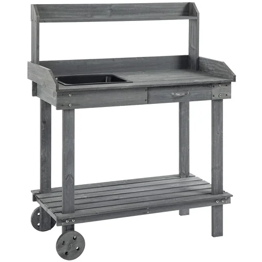 "Pflanztisch mit Schublade 2 Stufen Gärtnertisch mit waschbecken und Rollen Garten Tannenholz Grau 92 x 45 x 119 cm image"