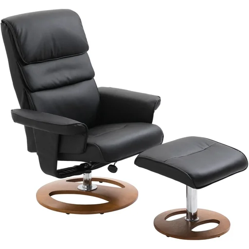 "Relaxsessel mit Hocker Fernsehsessel 360° drehbar 120° neigbar PU-Bezug Holzfuß Schwarz 81 x 76 x 103 cm image"