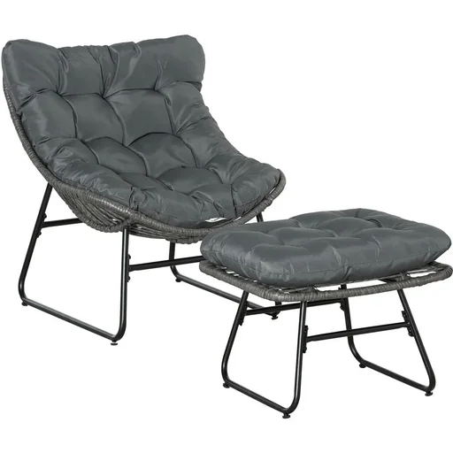 "Rattan Relax Stuhl mit Hocker und Kissen Stahl Polyester Grau 69 x 76 x 70 cm image"