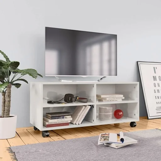 TV-Schrank mit Rollen 90x35x35 cm Spanplatte Hochglanz weiß