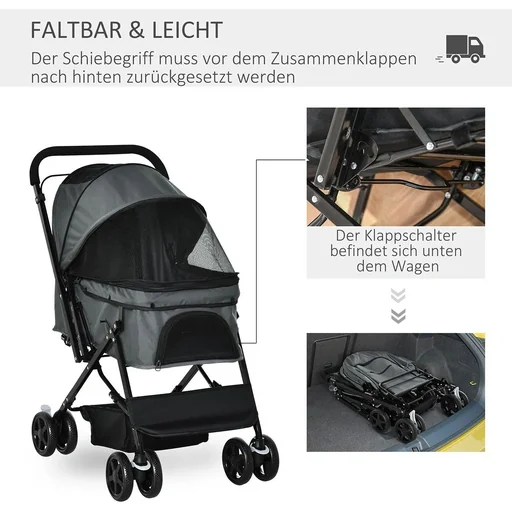 "Hundebuggy Hundewagen Buggy für kleine Hunde und Katzen Haustierwagen Pet Stroller Katzenbuggy Oxford Dunkelgrau 76,5 x image"