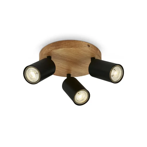 "Vintage Spotleuchte 3-flammig, schwarz mit Holzbaldachin, 3 x GU10 Fassung image"