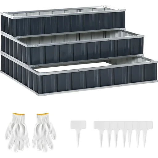 "Hochbeet aus Stahl 3-stufige Gartenbeet mit T-Form-Pflanzenschilder Handschuhe Pflanzenbeet Kräuterbeet Blumentreppe für image"