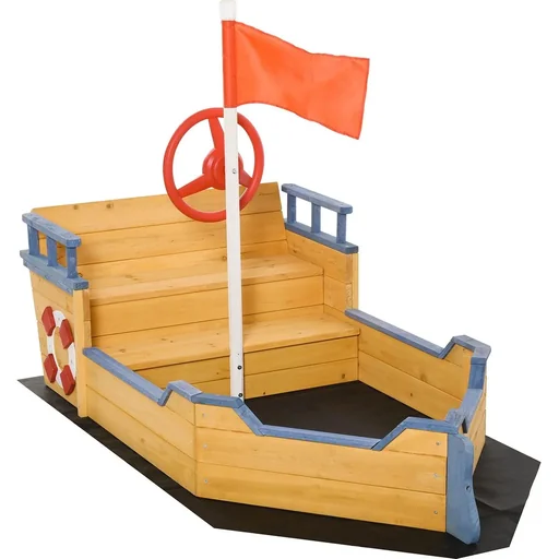 "Holzspielboot für Kinder mit Sandkasten naur, blau image"