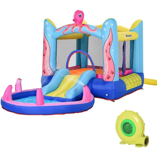 "Aufblasbare Hüpfburg mit Rutsche für 3 Kinder Burg Springburg mit Gebläse Spielburg Spielhaus für 3-8 Jahre Kindergarten image"