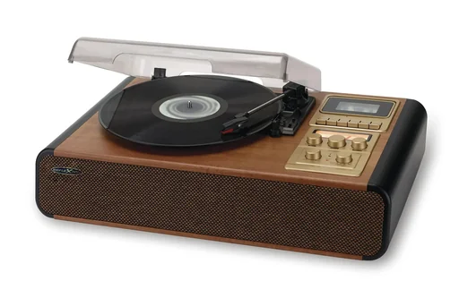 "Plattenspieler in Holzgehäuse mit Bluetooth, Kasette, UKW-Radio, AUX-in image"