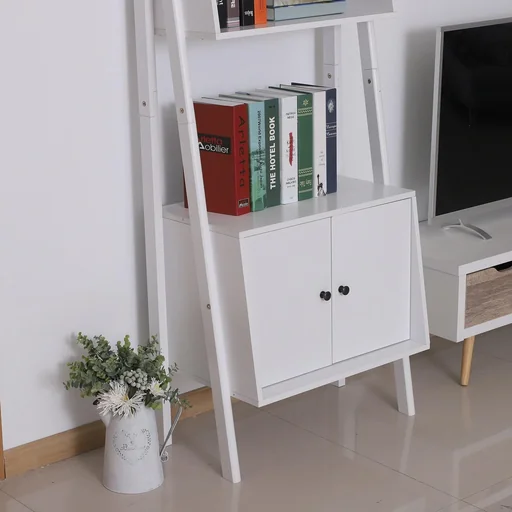 "Standregal Stufenregal Bücherregal Leiterregal mit Schrank 3 x Fach 1 x Schrank Holz Weiß 65 x 40 x 180 cm image"