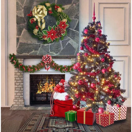 "Schwarzwälder Weihnachtsbaum-Paket 150cm Rot + Weihnachtskugeln + Weihnachtsbeleuchtung + Weihnachtsgirlande + Spitze image"