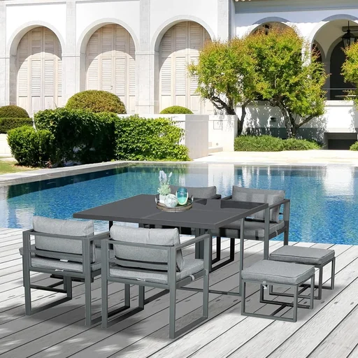 "Sitzgruppe Gartentischset Gartenmöbel Metall 9 teilig 4 Stühle 4 Hocker Tisch Esstisch Polyester Glas Grau image"