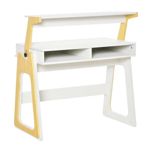 "Schreibtisch Stehpult und Sitzpult mit verstellbarem Regal Bürotisch mit 2 Fächer Home-Office helles Kiefer beige Weiß 9 image"
