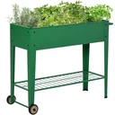 Grüner Metall-Pflanzkübel mit Rädern und Regal 104 x 39 x 80 cm