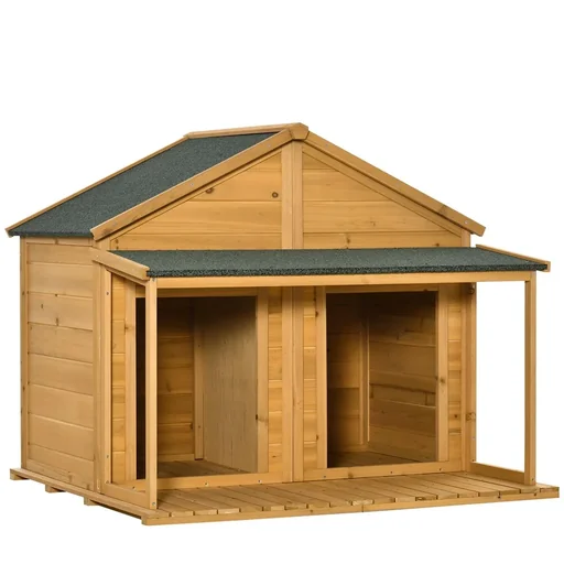 "Hundehütte aus Massivholz isoliertes Hundehaus mit 2 Räume Asphaltdach Outdoor Hütte mit Terrasse Gelb+Grün 127 x 110 x image"