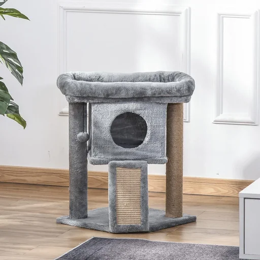 "Katzenbaum mit Jute-Kratzmatte Sitzstange hängendem Ball Kratzbrett Katzenmöbel mit Türloch Haustiermöbel MDF Plüsch Jut image"