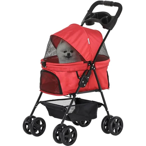 "Hundebuggy mit Klappfunktion Hundewagen Buggy für Hunde und Katzen Haustierwagen Katzenbuggy Oxford Rot 67 x 45 x 96 cm image"