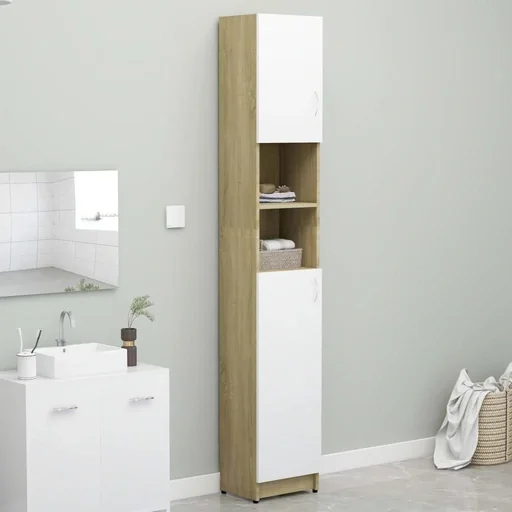 "Badezimmerschrank 32x25,5x190 cm Spanplatte weiß Sonoma-Eiche image"