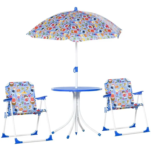 "4tlg. Kindersitzgruppe Gartentisch 2 Klappstühle Sonnenschirm Camping Kindersitzgarnitur Gartenmöbel für 3-5 Jahre Blau image"