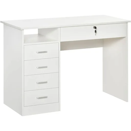 "Computertisch Schreibtisch mit 5 Schubladen und Regal Bürotisch mit Schloss großer Arbeitsfläche Weiß 110 x 50 x 76 cm image"