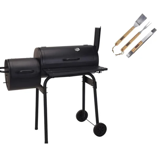 "BBQ Grill - Smoker schwarz mit Thermostat und 3-teiligem BBQ Werkzeugset - Grillfläche 66 x 34 cm image"