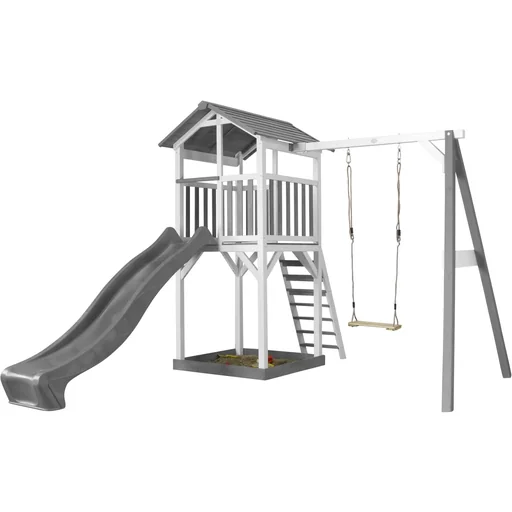 "Beach Tower Spielturm mit Einzelschaukel - Graue Rutsche image"