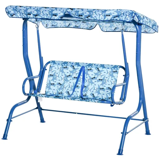 "Kinder Hollywoodschaukel Kinderschaukel mit Sonnendach 2-Sitzer Gartenschaukel für 3-6 Jahre Metall Blau 110L x 70B x 11 image"